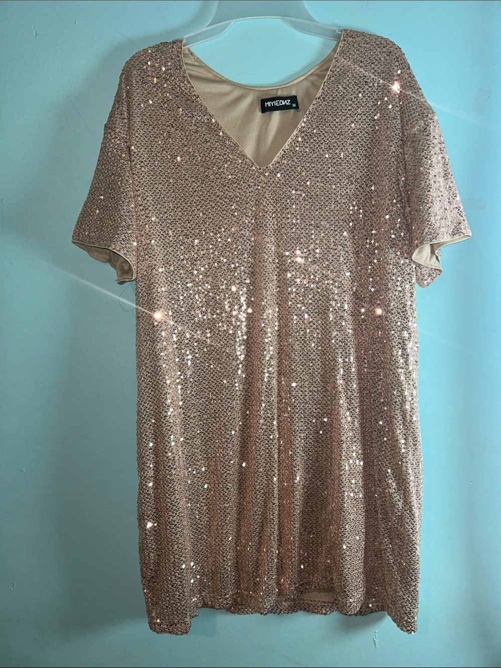 Myne Rose Gold Sequin V-Neck Mini Dress